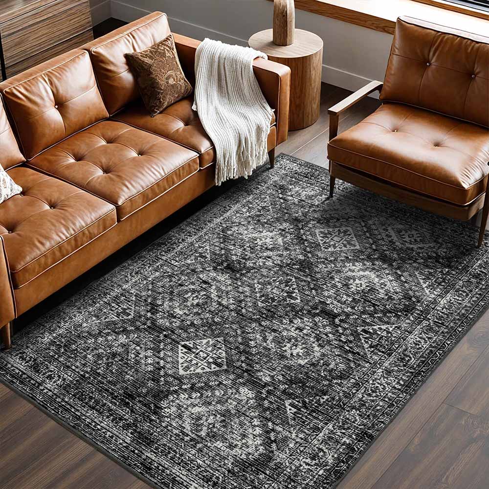 MIULEE 5x7 Vintage Living Room Rug Washable Area Rugs Low Pile Floor Mat Black