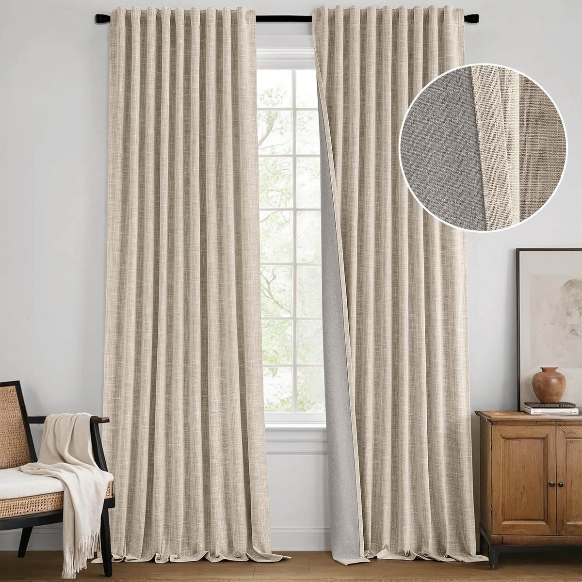 MIULEE Beige 100% Blackout Linen Curtains 84 Inch 2 Panels Set Double Sided