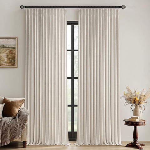 MIULEE Beige Pinch Pleated 100% Blackout Linen Curtains 108 Inch Long 2 Panels Set, Pleat Curtains with Pin Hooks, Black Out Light Blocking Room Darkening Drapes for Bedroom Living Room Window