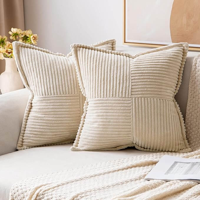 MIULEE Decorative Soft Boho Striped Corduroy Pillow Covers With Textured Splicing (Pack of 2)