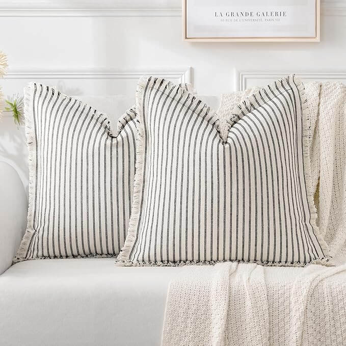 MIULEE Linen Striped Farmhouse Couch Throw Pillow Covers with Fringe (Pack of 2)_black