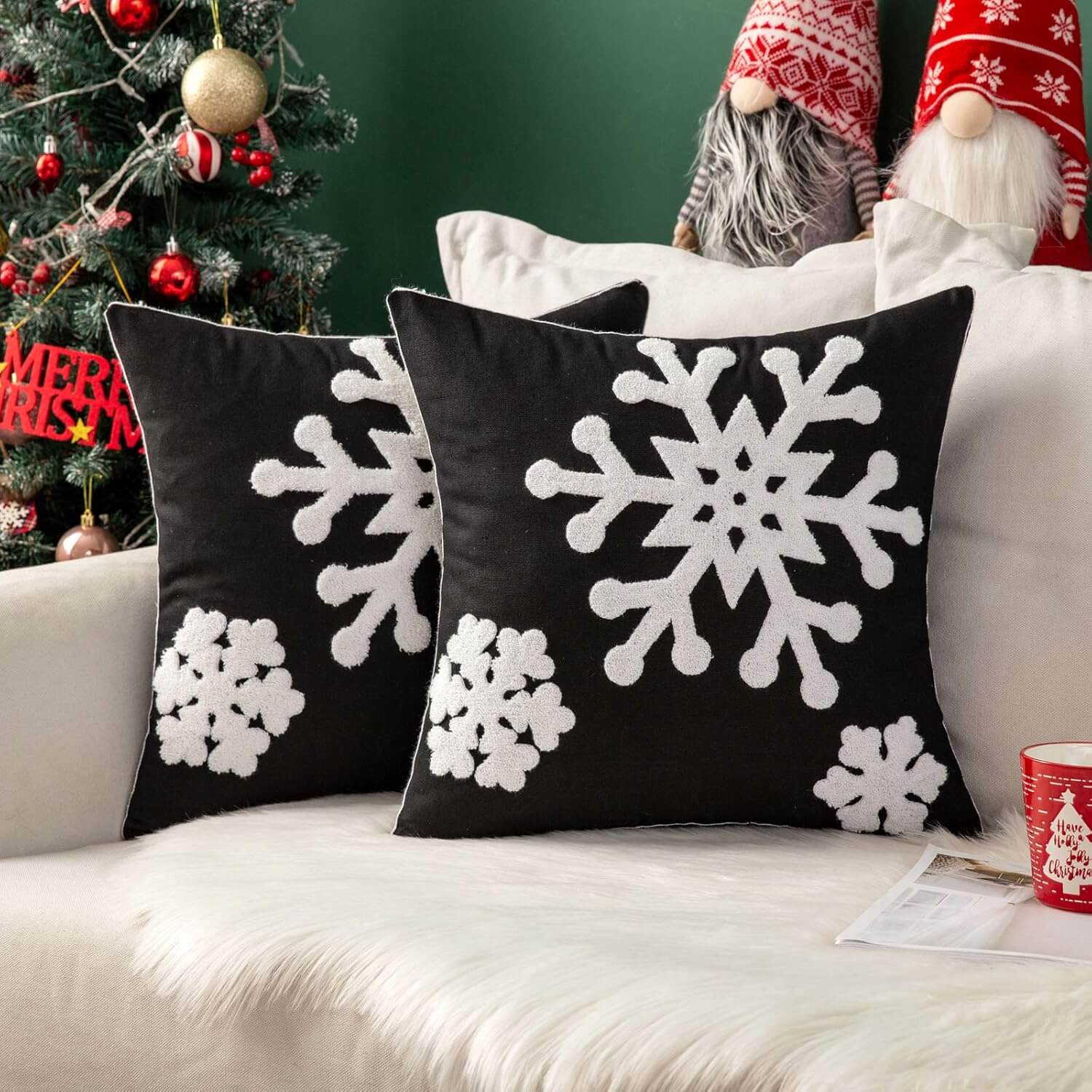 MIULEE Christmas Decorative Snowflake Canvas Embroidery Throw Pillow Covers Holiday Decor