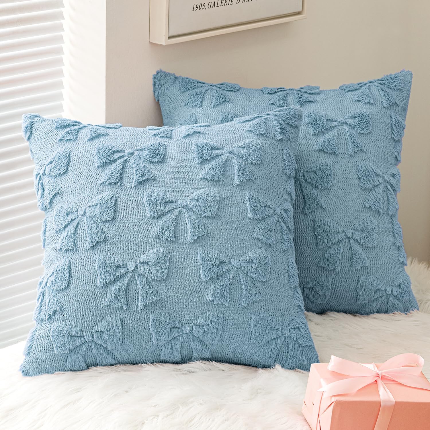 MIULEE Blue Bow Pillow Covers Coquette Room Decor Aesthetic Set of 2 Decorative Cute Girl Throw Pillow Soft Plush Faux Pillowcase for Girl Bed Couch Sofa,20x20 Inch - Miulee