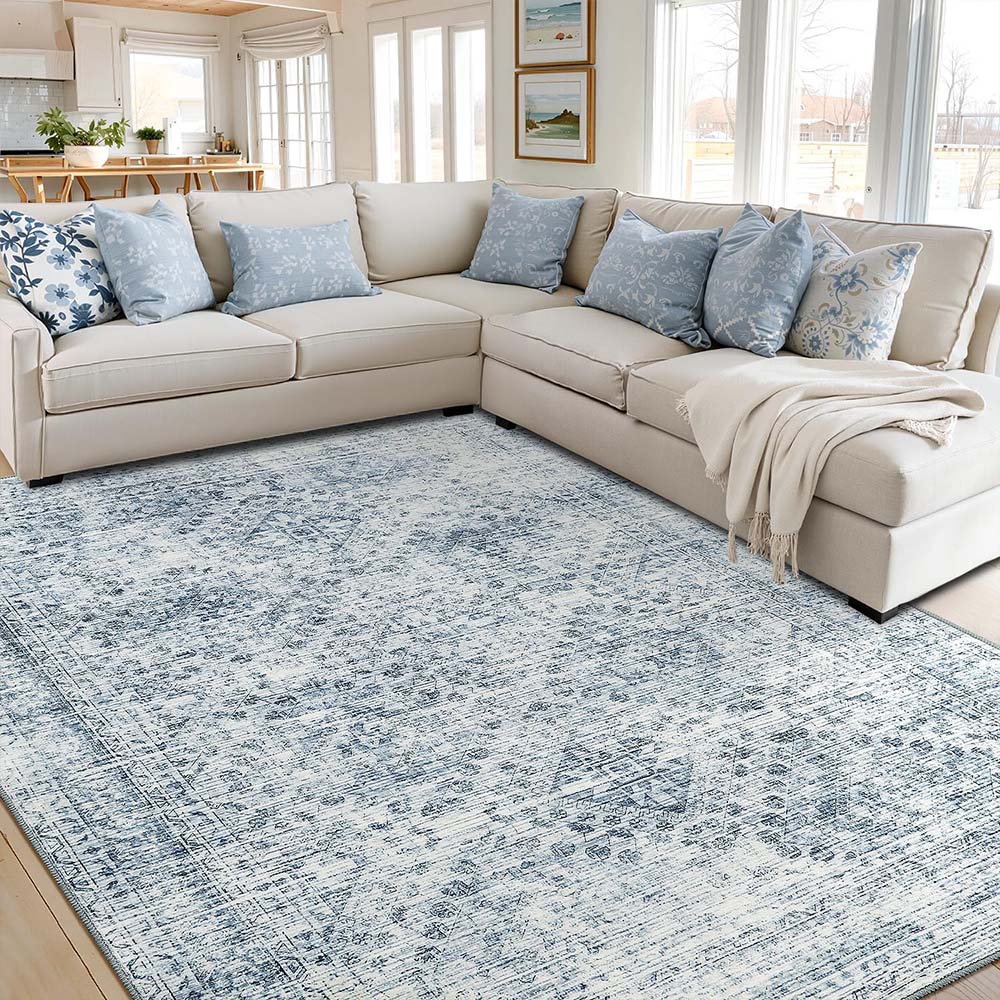 Vintage Washable Low Pile Area Rugs_Blue_6_x_9