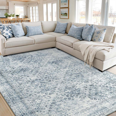 Vintage Washable Low Pile Area Rugs_Blue_6_x_9