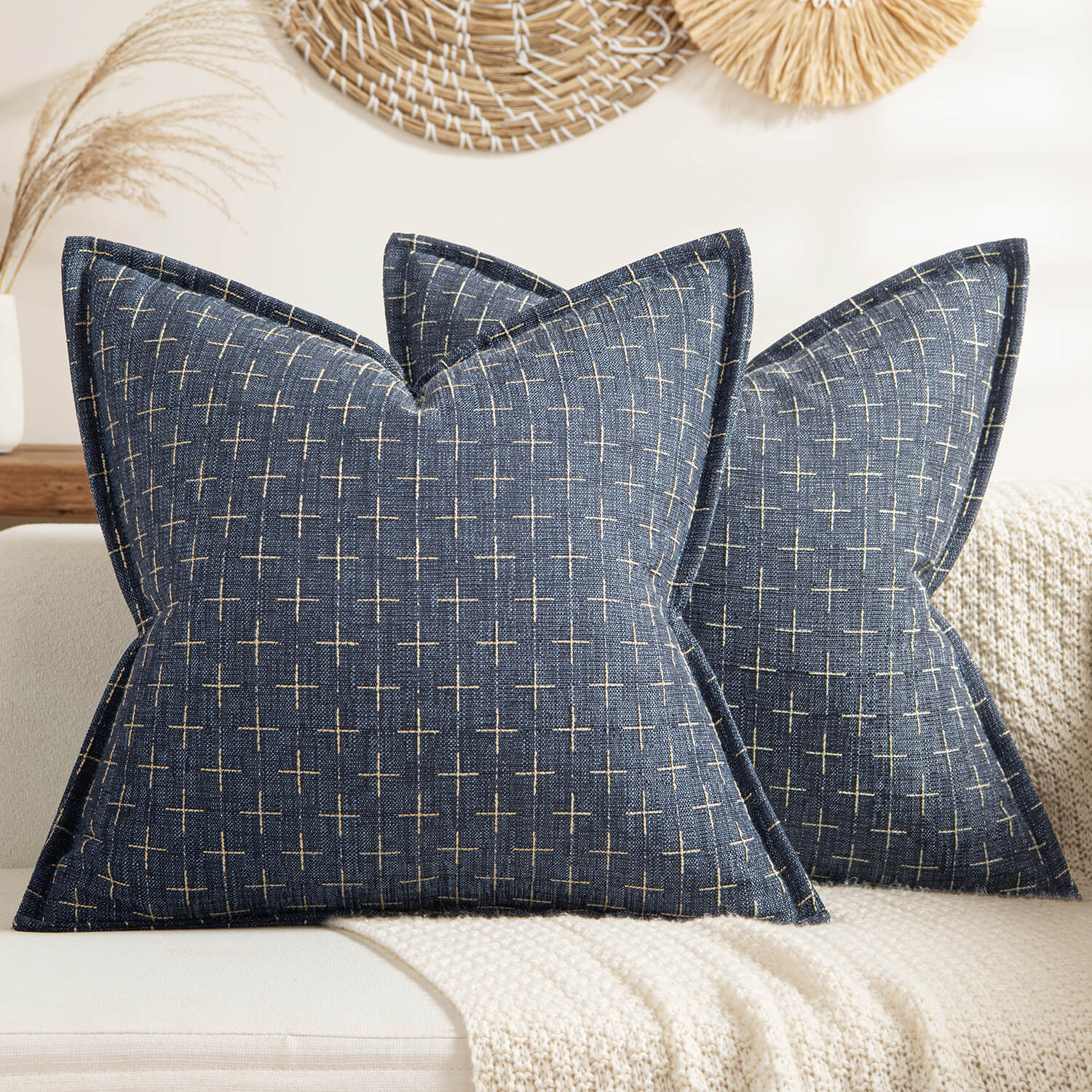 Blue Burlap Linen Throw Pillow Covers