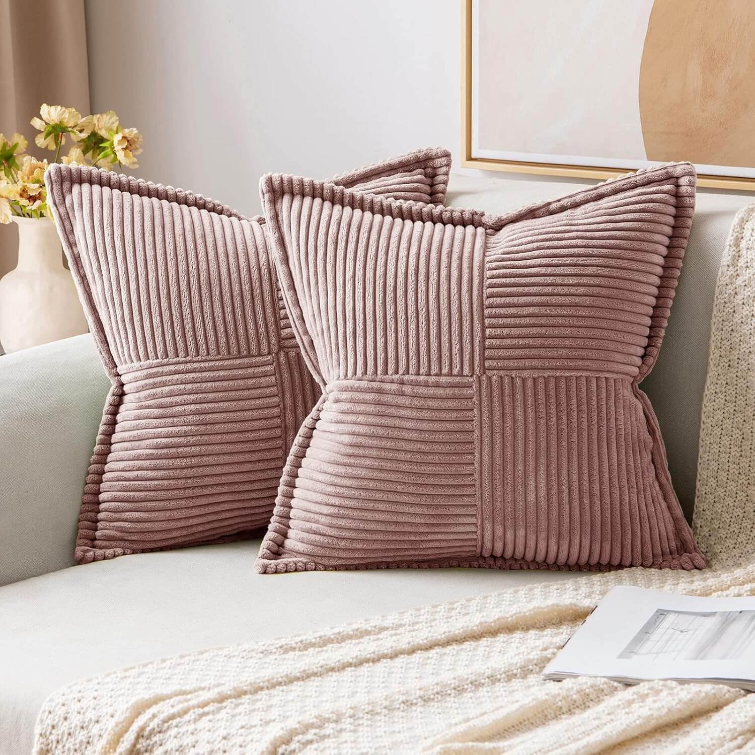 MIULEE Decorative Soft Boho Striped Corduroy Pillow Covers With Textured Splicing (Pack of 2)