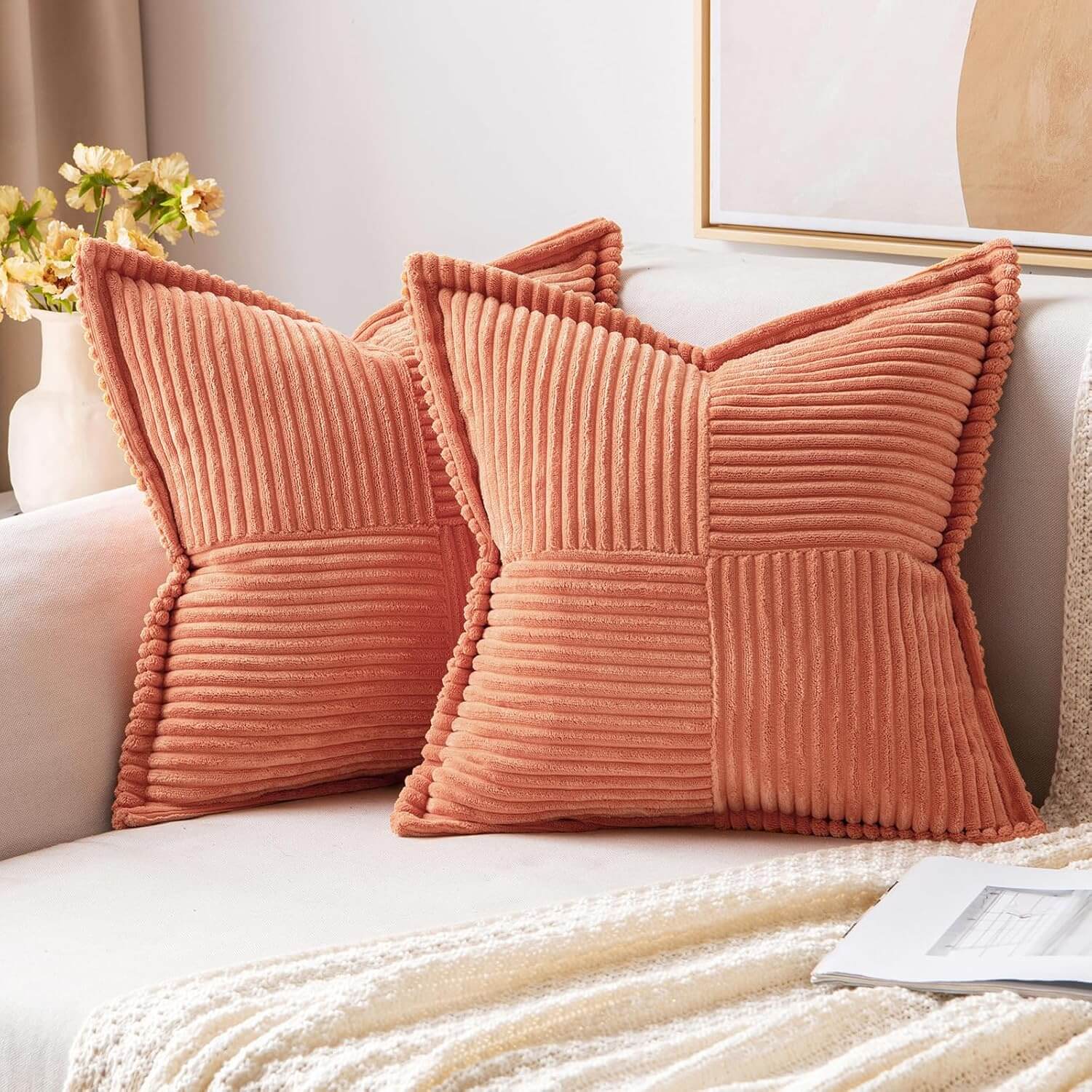 MIULEE Decorative Soft Boho Striped Corduroy Pillow Covers With Textured Splicing (Pack of 2)