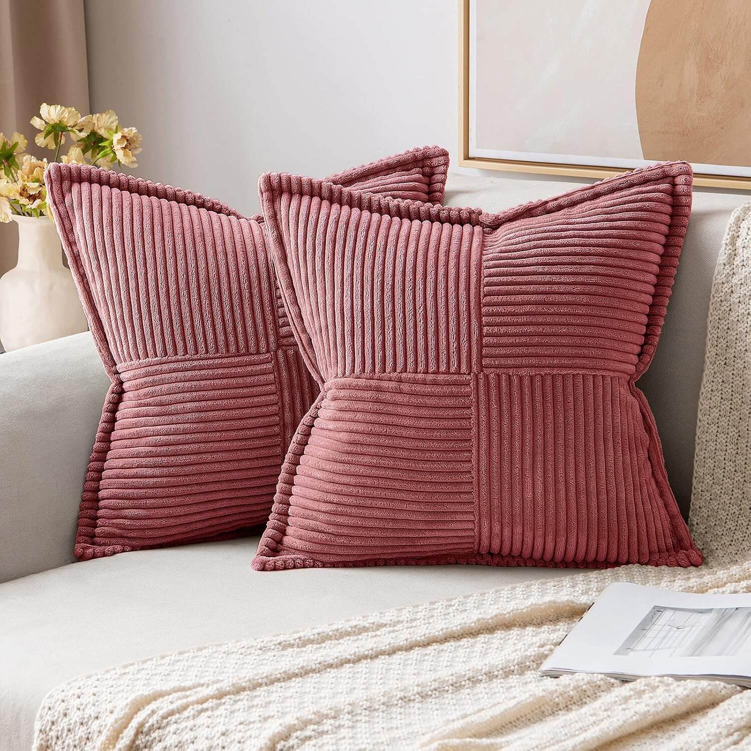 MIULEE Decorative Soft Boho Striped Corduroy Pillow Covers With Textured Splicing (Pack of 2)