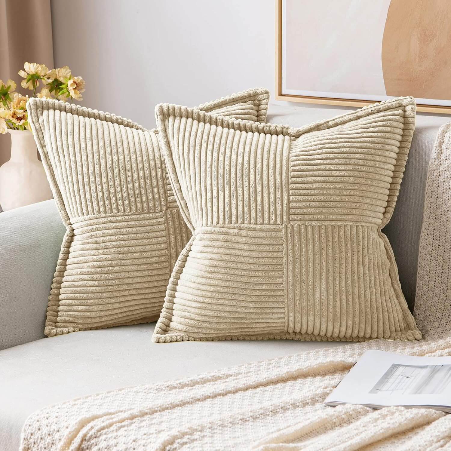 MIULEE Decorative Soft Boho Striped Corduroy Pillow Covers With Textured Splicing (Pack of 2)