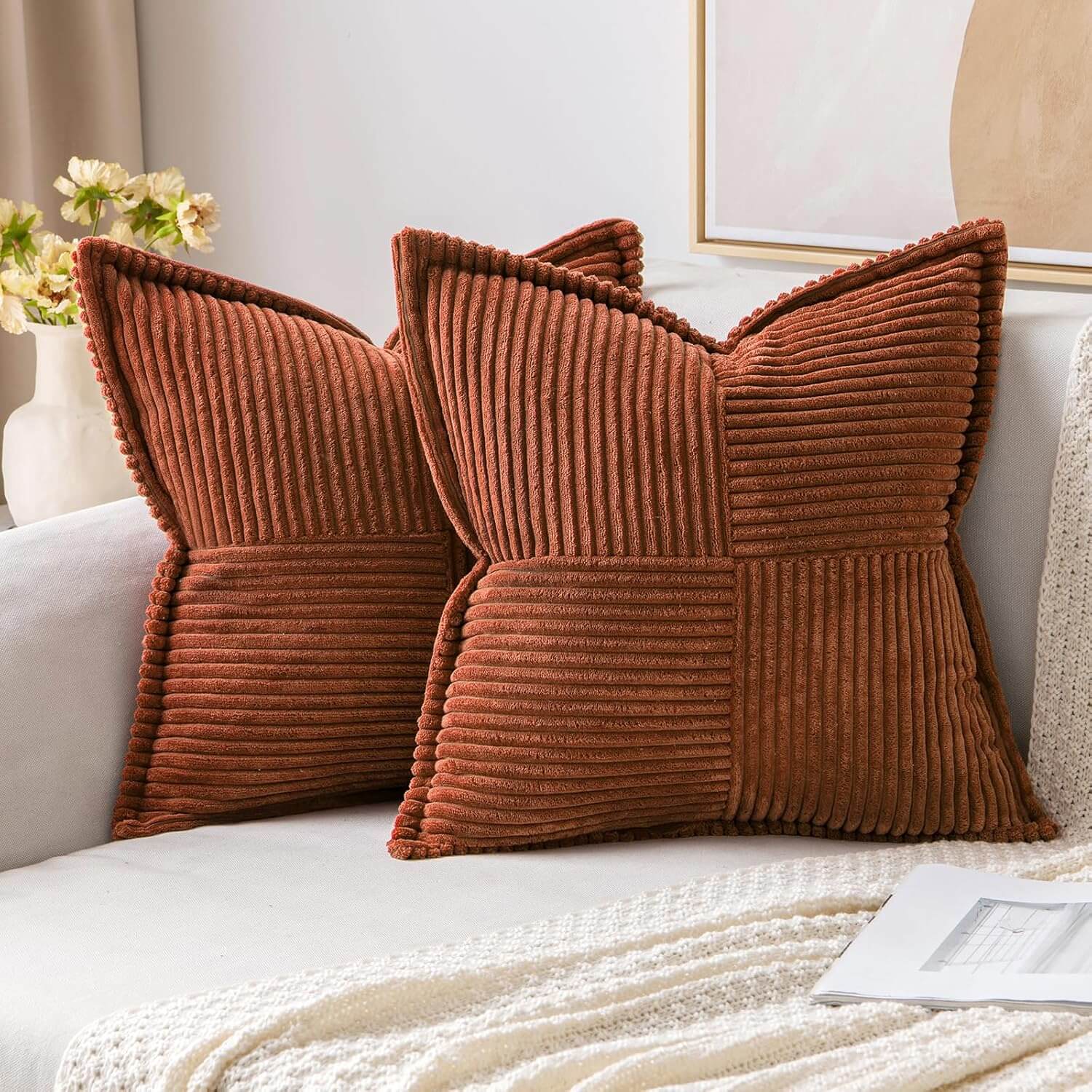 MIULEE Decorative Soft Boho Striped Corduroy Pillow Covers With Textured Splicing (Pack of 2)