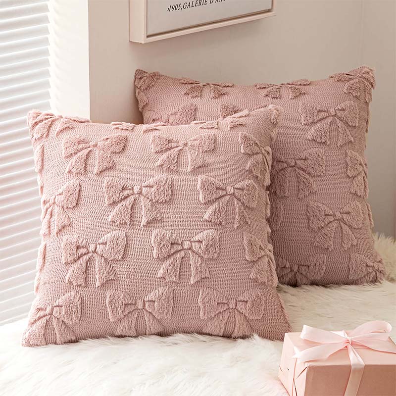 Decorative Bow Plush Pillow Covers Blush Pink