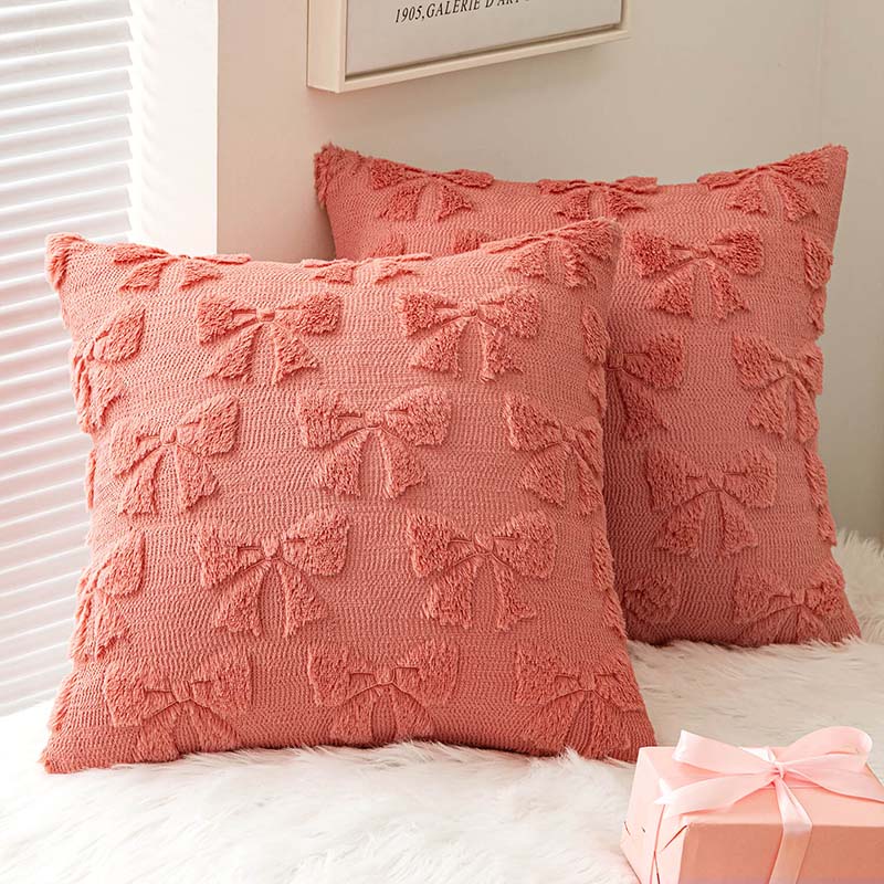 Decorative Bow Plush Pillow Covers Coral Red