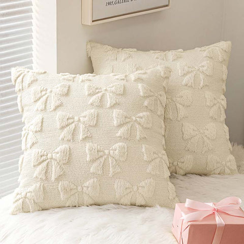 Cute Bow Plush Pillow Covers Cream White