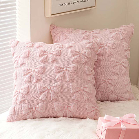 Decorative Bow Plush Pillow Covers Light Pink