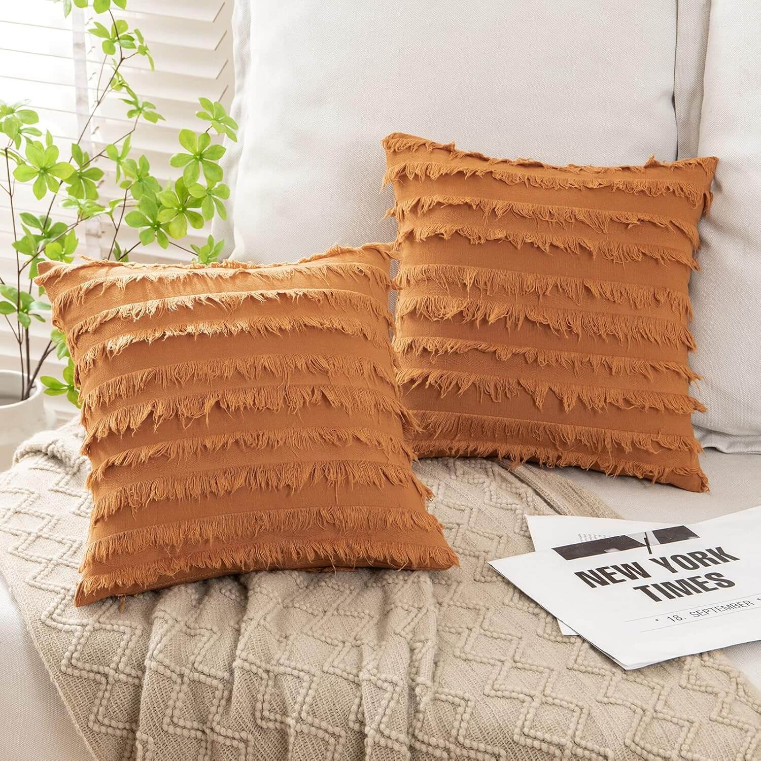 MIULEE Decorative Boho Linen Striped Jacquard Pattern Pillow Covers (Pack of 2)