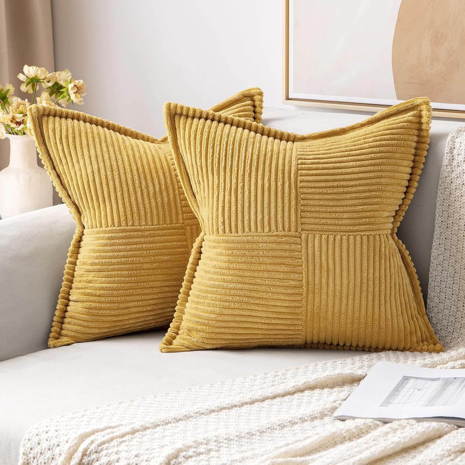 MIULEE Decorative Soft Boho Striped Corduroy Pillow Covers With Textured Splicing (Pack of 2)