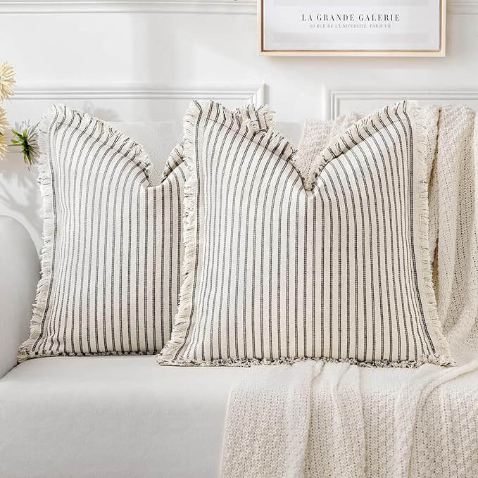 MIULEE Linen Striped Farmhouse Couch Throw Pillow Covers with Fringe (Pack of 2)_gray