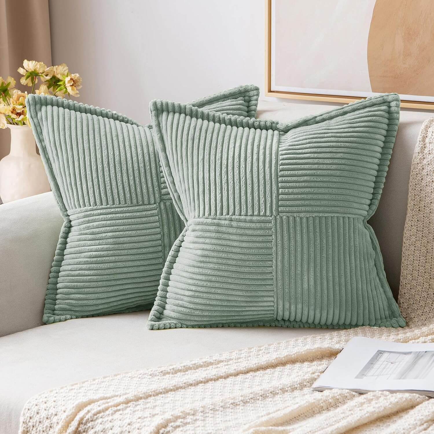 MIULEE Decorative Soft Boho Striped Corduroy Pillow Covers With Textured Splicing (Pack of 2)