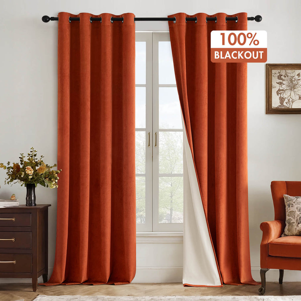 MIULEE Upgraded 100% Blackout Velvet Curtains 96 Inches Long Burut Orange Black Out Curtain Drapes for Luxury Bedroom Living Room Darkening Thermal Insulated Grommet Curtains Light Blocking Set of 2