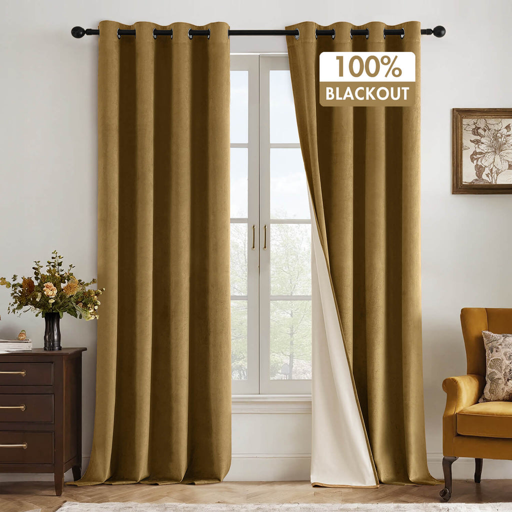 MIULEE Upgraded 100% Blackout Velvet Curtains 96 Inches Long Gold Black Out Curtain Drapes for Luxury Bedroom Living Room Darkening Thermal Insulated Grommet Curtains for Light Blocking Set of 2