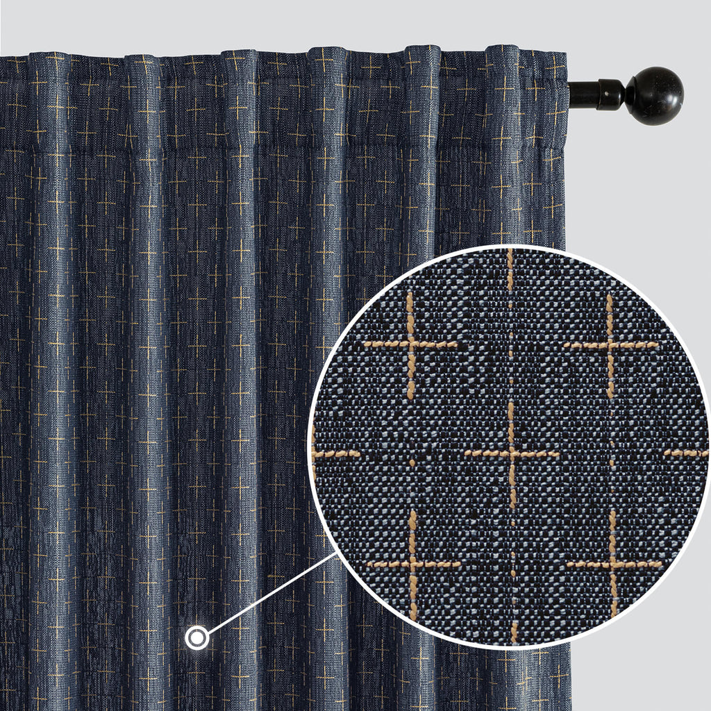 MIULEE Decorative Back Tab Linen Curtains with Geometric Pattern for Living Room Bedroom Farmhouse Rustic Thick Woven Textured Patterned Mudcloth Drapes 96 Inches Long 2 Panels Set, Blue