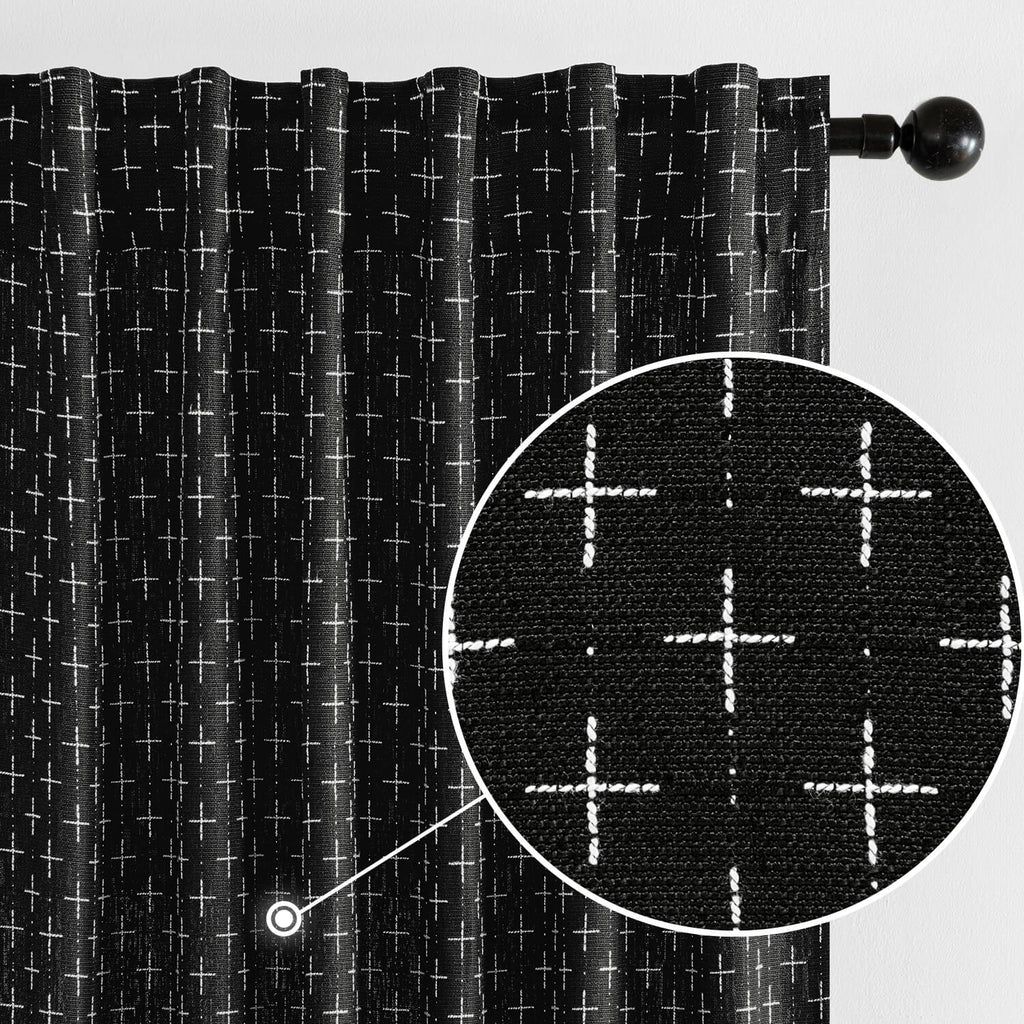 MIULEE Decorative Back Tab Linen Curtains with Geometric Pattern for Living Room Bedroom Farmhouse Rustic Thick Woven Textured Patterned Mudcloth Drapes 96 Inches Long 2 Panels Set, Black