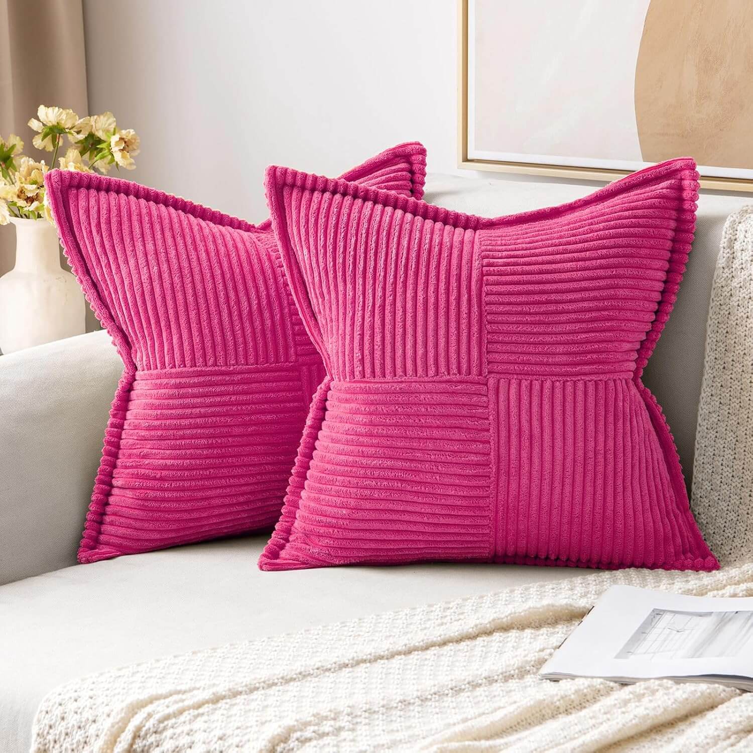 MIULEE Decorative Soft Boho Striped Corduroy Pillow Covers With Textured Splicing (Pack of 2)