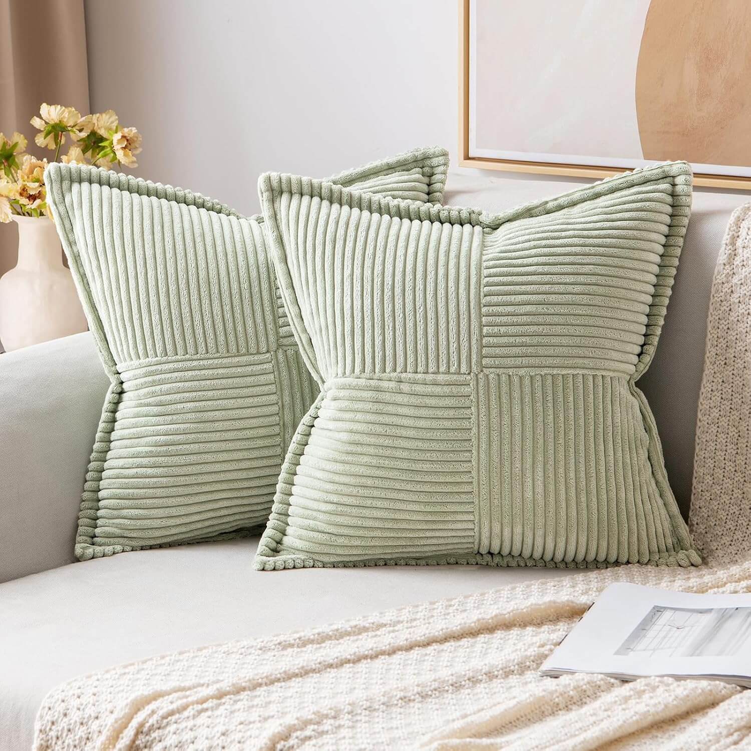 MIULEE Decorative Soft Boho Striped Corduroy Pillow Covers With Textured Splicing (Pack of 2)