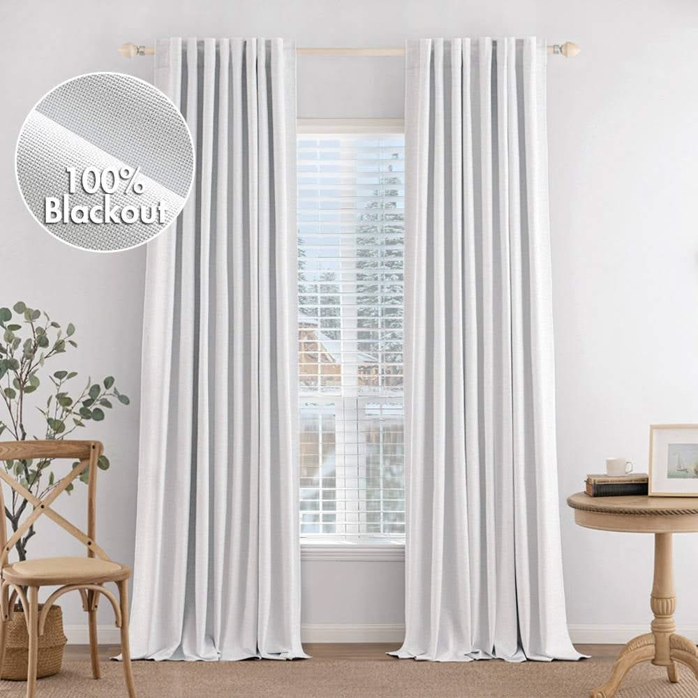 MIULEE 100% Blackout Curtains 90 inches Long Linen Curtains & Drapes for Bedroom Back Tab Living Room Darkening Full Black Out Window Curtain Panels Rod Pocket, White, 2 Panels Set