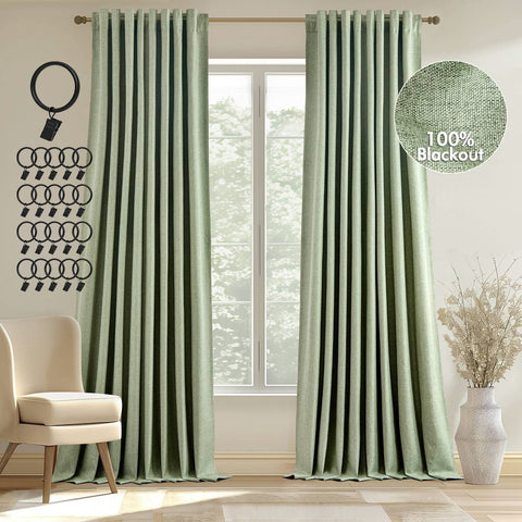 MIULEE 100% Blackout Curtains 84 inches Long, Linen Curtains & Drapes for Bedroom Back Tab Living Black Out Window Treatments Thermal Insulated Room Darkening Rod Pocket, Sage Green, 2 Panels