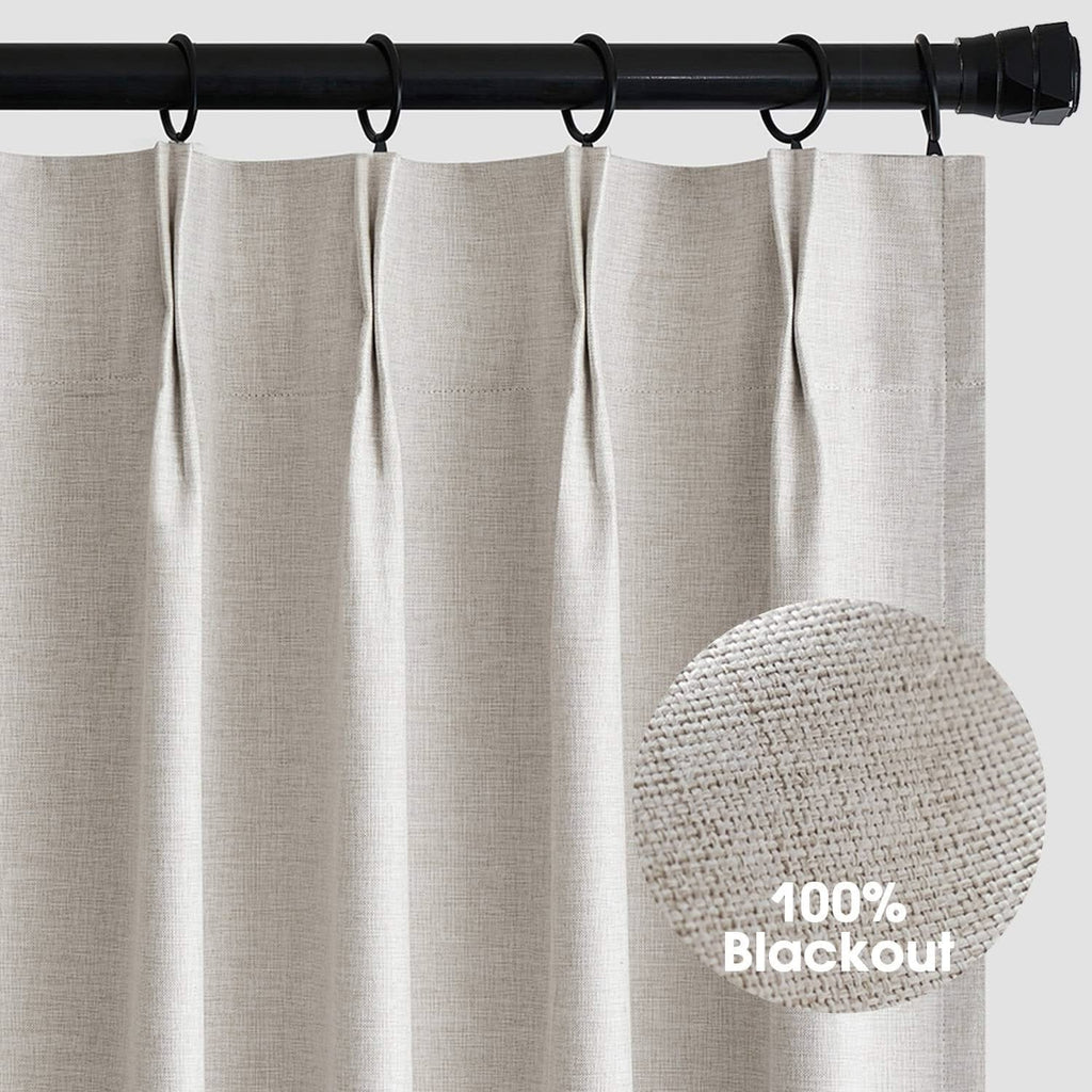 MIULEE 100% Blackout Pinch Pleated Linen Curtains 84 Inch Length 2 Panels for Bedroom, Thermal Insulated Room Darkening Window Drapes with Hooks Pleat Black Out Curtains for Living Room Track, Birch