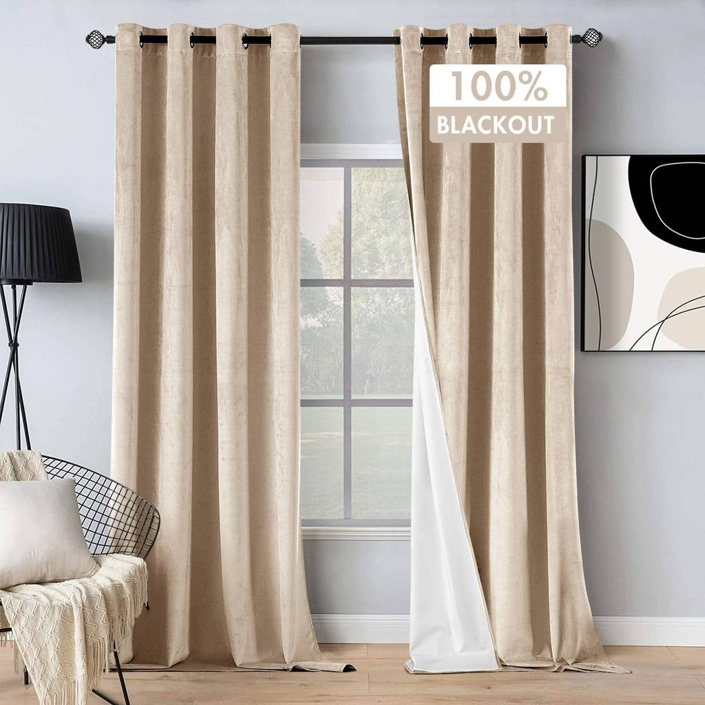 MIULEE 100% Blackout Velvet Curtains 84 Inches Long Beige Curtains Black Out Curtains for Bedroom Windows Drapes for Luxury Living Room Darkening Thermal Insulated Grommet Light Blocking Set of 2