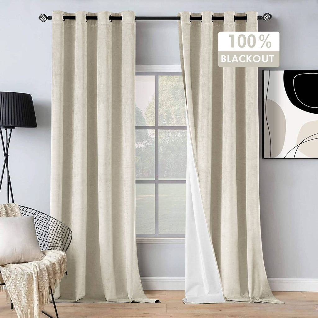 MIULEE 100% Blackout Velvet Curtains 96 Inches Long Ivory White Curtain Drapes for Living Room Darkening Thermal Insulated Grommet Cream Black Out Curtains for Bedroom Windows Light Blocking Set of 2