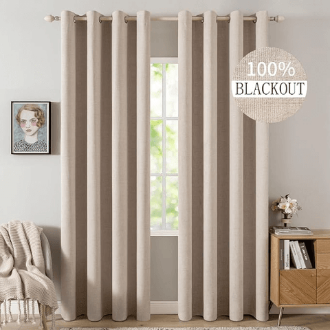 MIULEE 90 Inches Linen Textured Curtains for Bedroom 100% Blackout Thermal Insulated Natural Beige Grommet Room Darkening Curtains & Drapes Luxury Decor for Living Room Nursery 52 x 90 Inch (2 Panels)