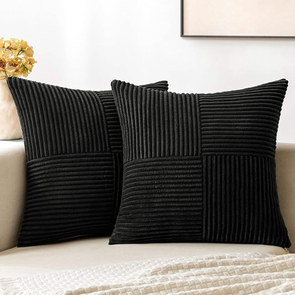 MIULEE Black Corduroy Pillow Covers Pack of 2 Boho Decorative Spliced Throw Pillow Covers Soft Solid Couch Pillowcases Cross Patchwork Textured Cushion Covers for Living Room Bed Sofa 18x18 inch