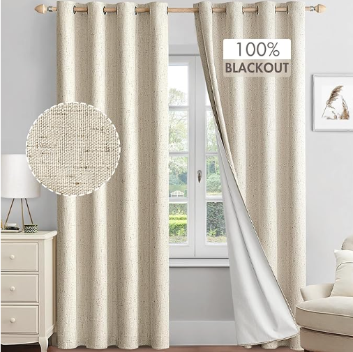 MIULEE Linen Textured 100% Blackout Curtains for Bedroom 84 Inches Long Natural Beige Thermal Insulated Black Out Curtains/Draperies with White Liner for Living Room/Nursery, Grommet Top, 2 Panels