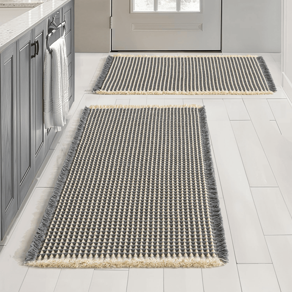 MIULEE Set of 2 Waffle Bath Mats Extra Soft Bathroom Rugs with Tassels, Super Absorbent Non Slip Bathroom Mats for Bathroom Floor, Machine Washable Shower Mats (Dark Grey & Yellow, 17x24 Inches)