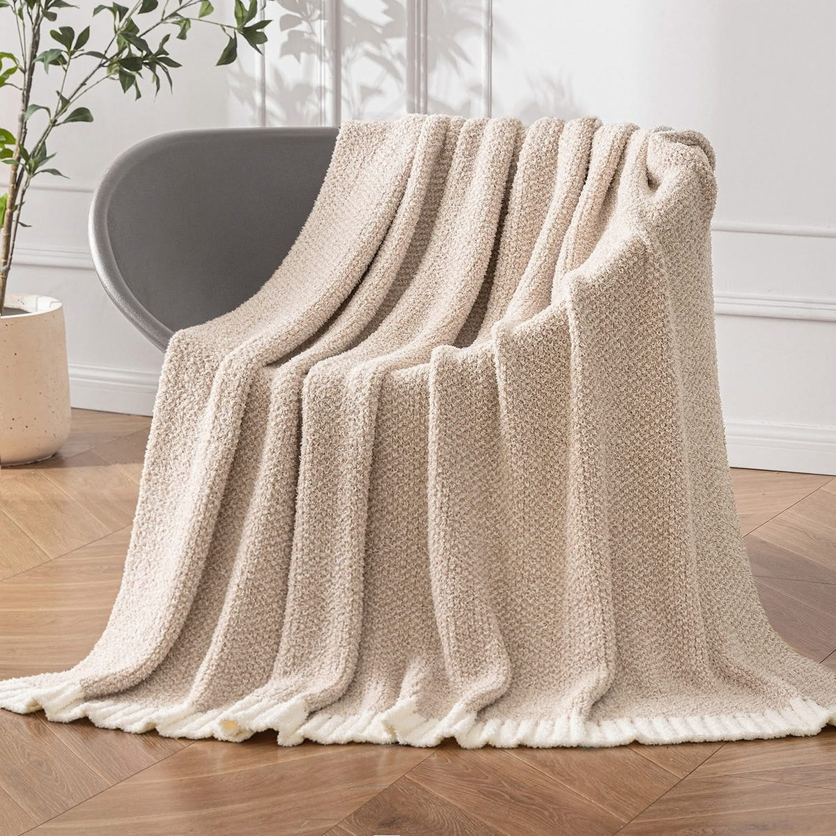 MIULEE Super Soft Throw Blanket for Couch, Beige Cozy Fluffy Warm Blankets Lightweight Knit Throw Blankets for Sofa, Bed, Chair, Living Room, Camping, Picnic, 50 x 60 inch