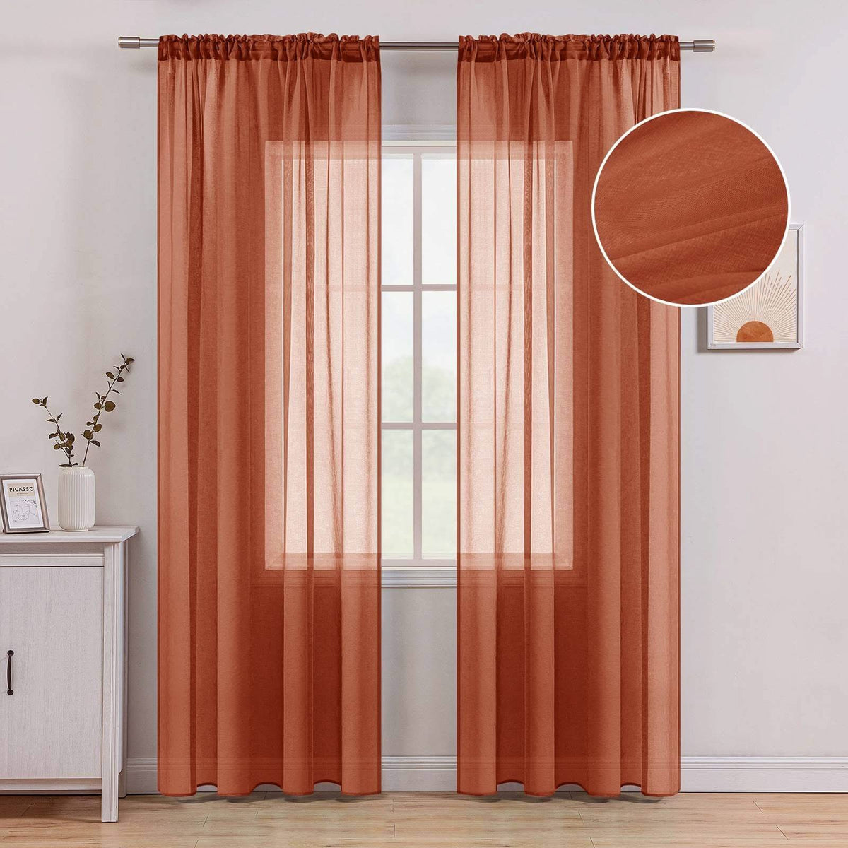 MIULEE Terracotta Linen Textured Sheer Curtains 2 Panels for Bedroom/Living Room Semi Transparent Voile Drapes Rust Boho Farmhouse Fall Decor Window Panels Rod Pocket, W 54 x L 84 Inches Long