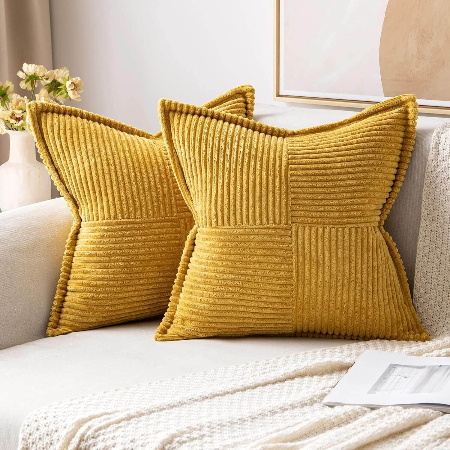 MIULEE Decorative Soft Boho Striped Corduroy Pillow Covers With Textured Splicing (Pack of 2)