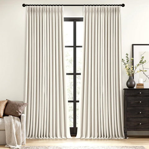 MIULEE Natural Pinch Pleated 100% Blackout Linen Curtains 108 Inch Long 2 Panels Set, Pleat Curtains with Pin Hooks, Black Out Light Blocking Room Darkening Drapes for Bedroom Living Room Window