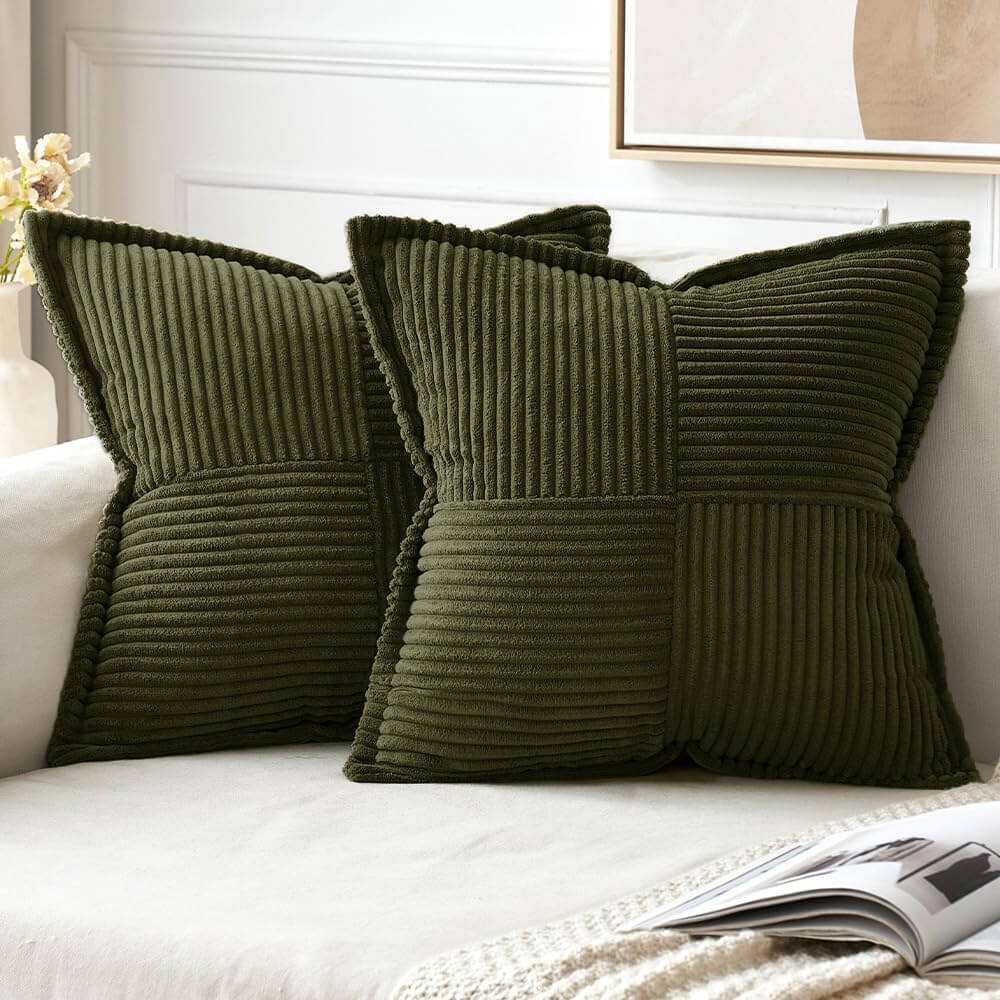 MIULEE Decorative Soft Boho Striped Corduroy Pillow Covers With Textured Splicing (Pack of 2)