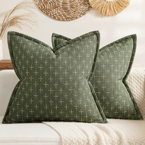 Olive Green Burlap Linen Throw Pillow Covers