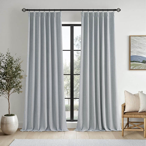 MIULEE Grayish Blue Pinch Pleated 100% Blackout Linen Curtains 84 inches Long