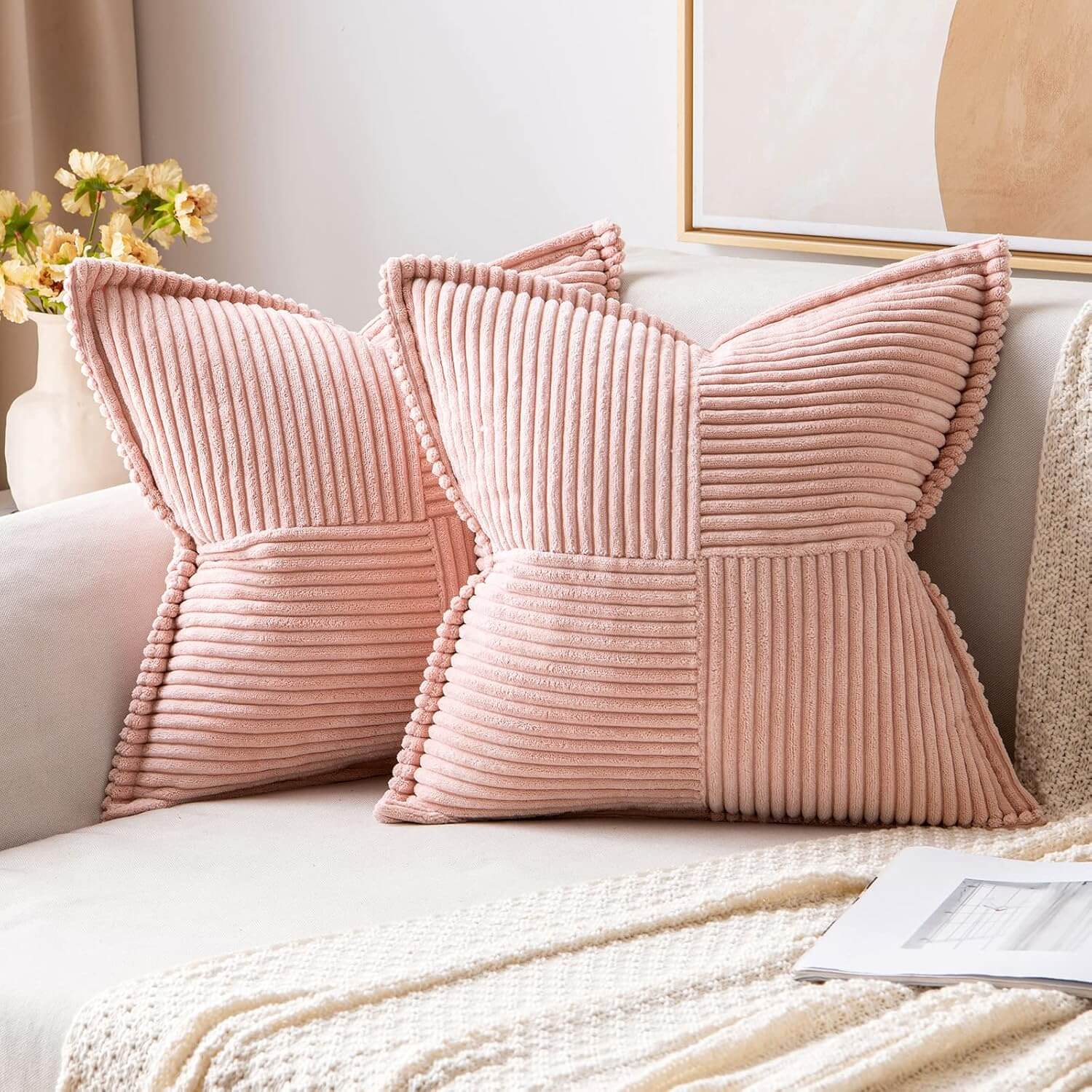 MIULEE Decorative Soft Boho Striped Corduroy Pillow Covers With Textured Splicing (Pack of 2)