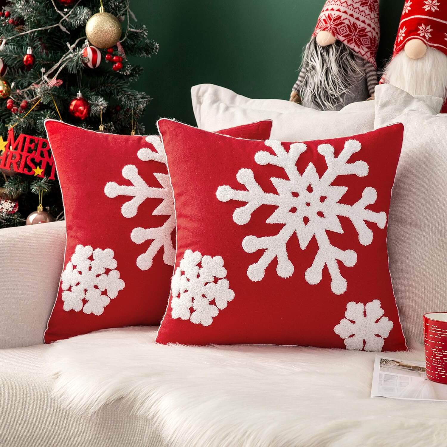 MIULEE Christmas Decorative Snowflake Canvas Embroidery Throw Pillow Covers Holiday Decor