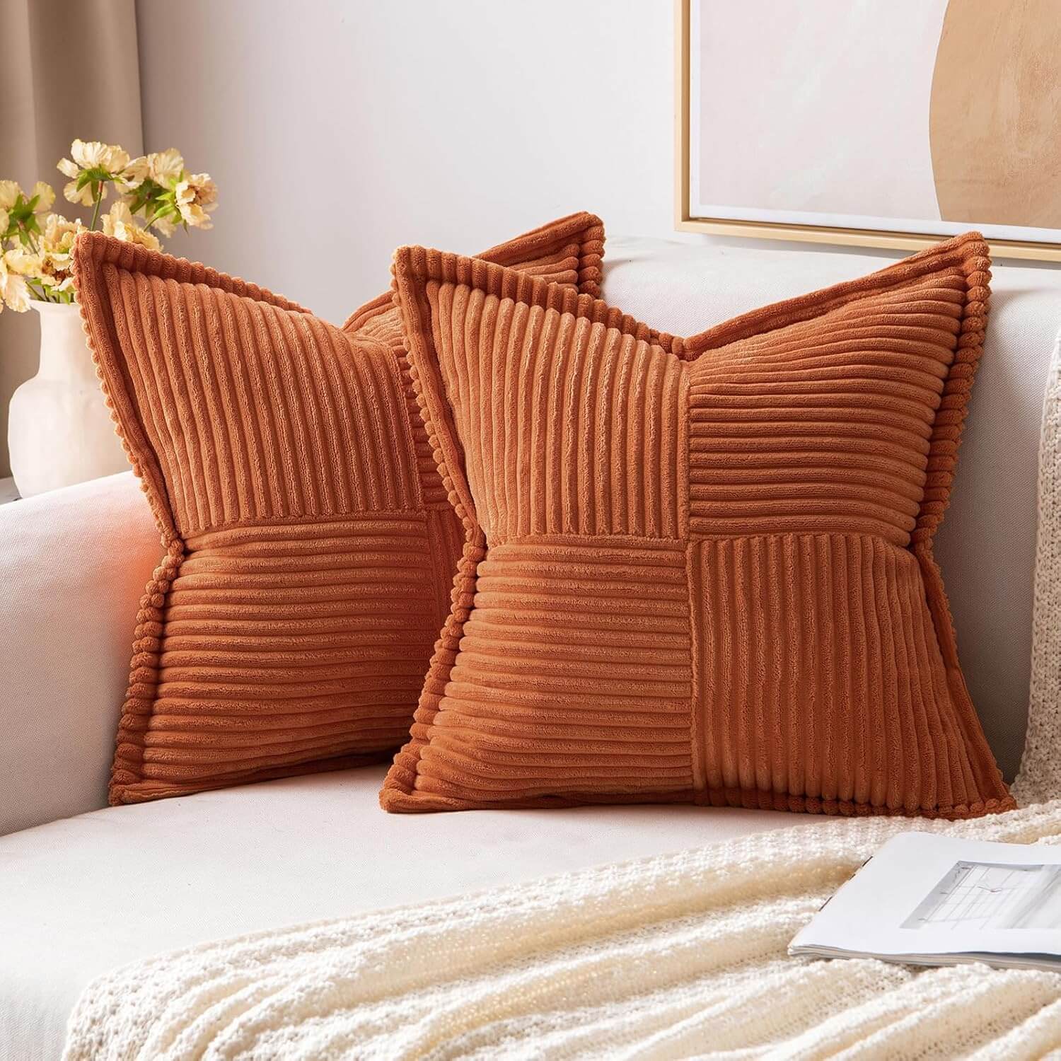 MIULEE Decorative Soft Boho Striped Corduroy Pillow Covers With Textured Splicing (Pack of 2)