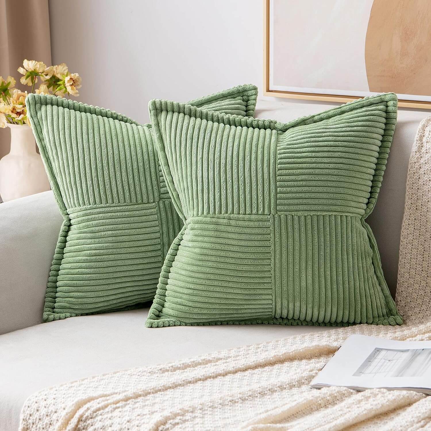 MIULEE Decorative Soft Boho Striped Corduroy Pillow Covers With Textured Splicing (Pack of 2)