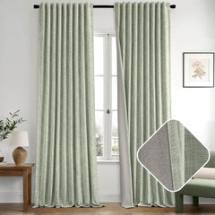 MIULEE Sage Green 100% Blackout Linen Curtain 96 Inch 2 Panel Set Double Sided